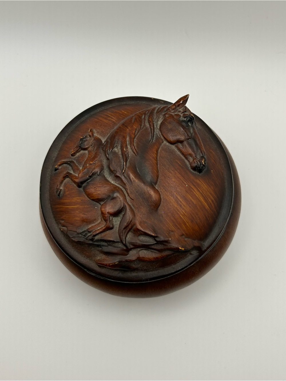 Hand-Carved Brown Wooden Horse Foal Vintage Trinket Jewelry Box Wood Finish